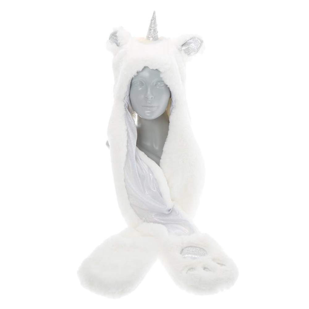 *SOLD* NWOT Unicorn Hood with Paw Mittens White OS - Picture 2 of 3